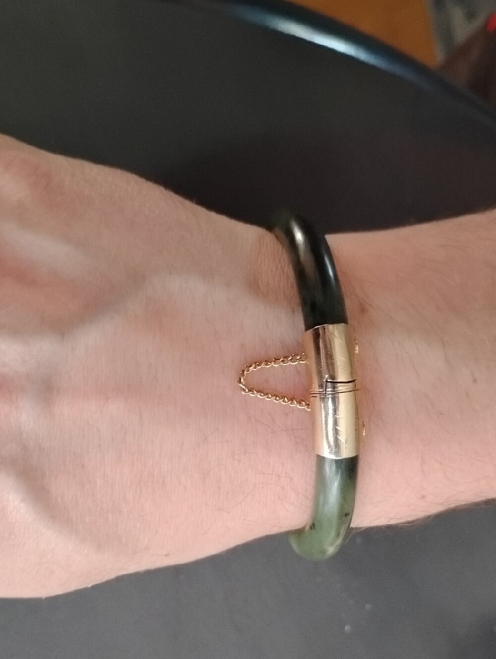Green Jade Bangle Bracelet with Gold Accents - Picture 6 of 6